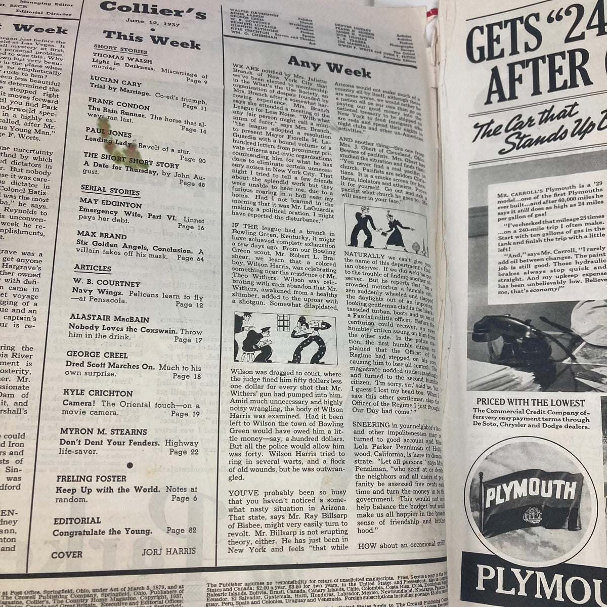 Inside page of VTG Collier's Magazine from June 12, 1937, displaying the table of contents including the article 'Navy Wings' by W.B. Courtney, highlighting notable stories and advertisements.