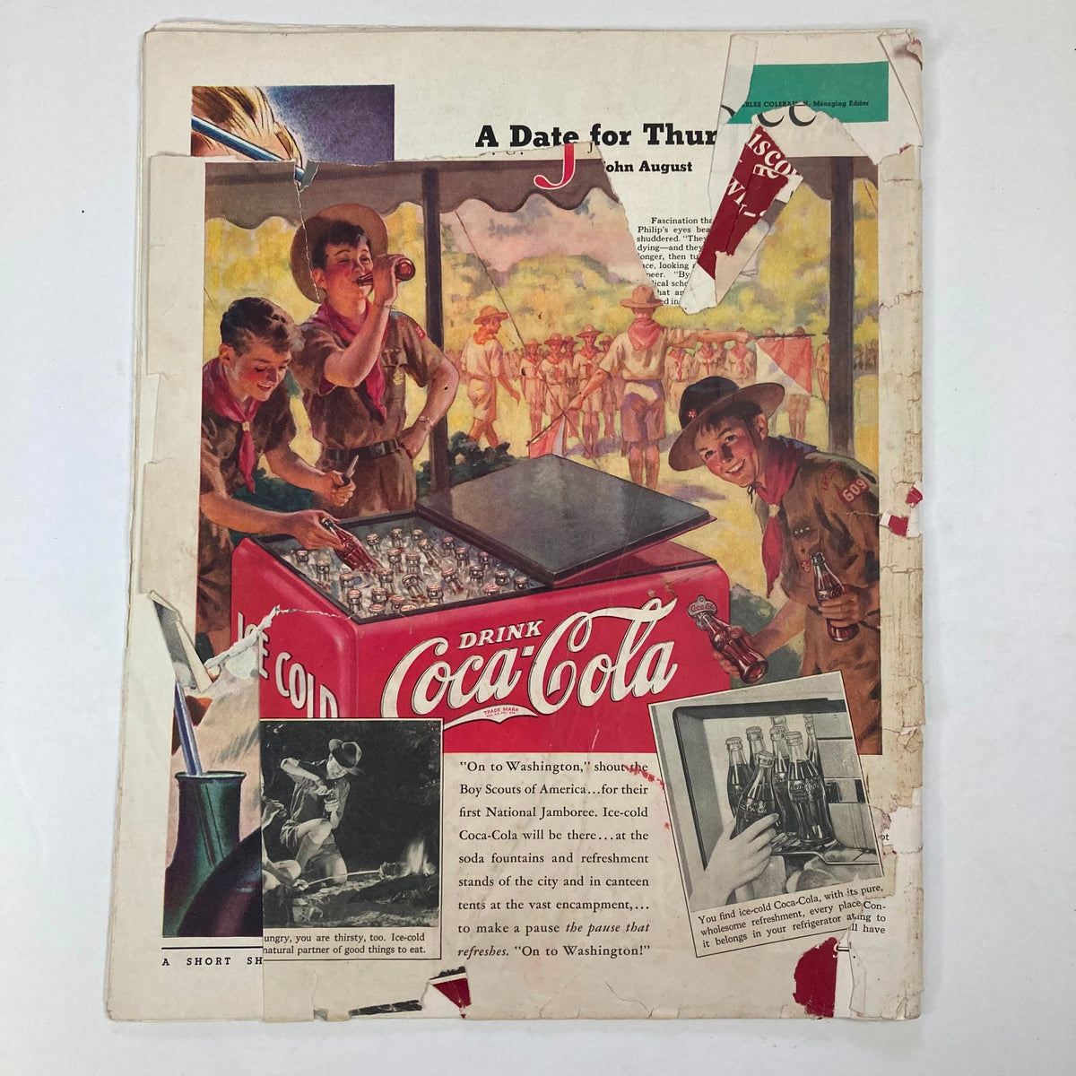Back page of VTG Collier's Magazine from June 12, 1937, featuring a Coca-Cola advertisement with a scene of campers and a drink cooler, emphasizing nostalgia and collectible appeal.