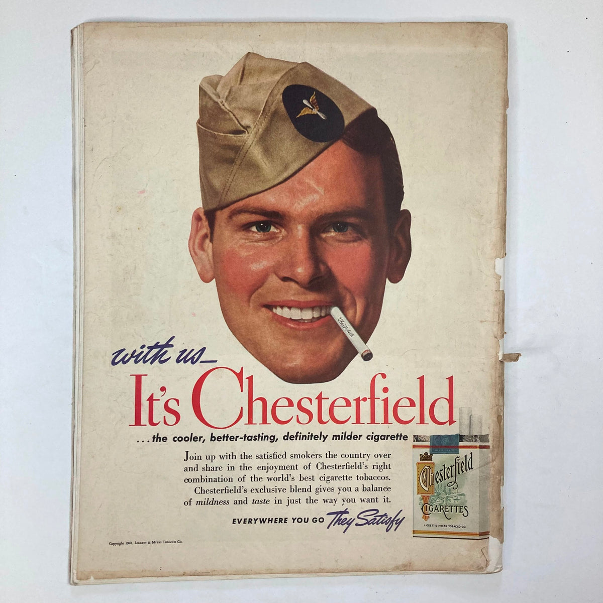 Back cover of VTG Collier's Magazine June 21 1941 with Chesterfield cigarette advertisement featuring a soldier, highlighting vintage advertising styles.