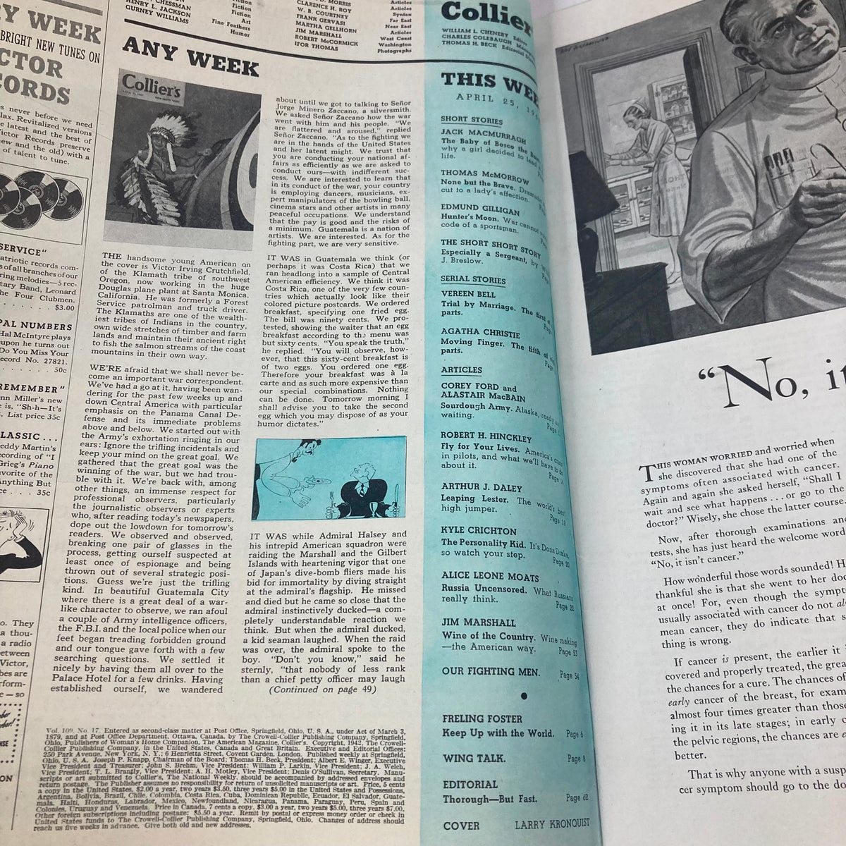 Interior page of VTG Collier's Magazine April 25, 1942, showcasing articles and advertisements reflecting the culture of the early 1940s.