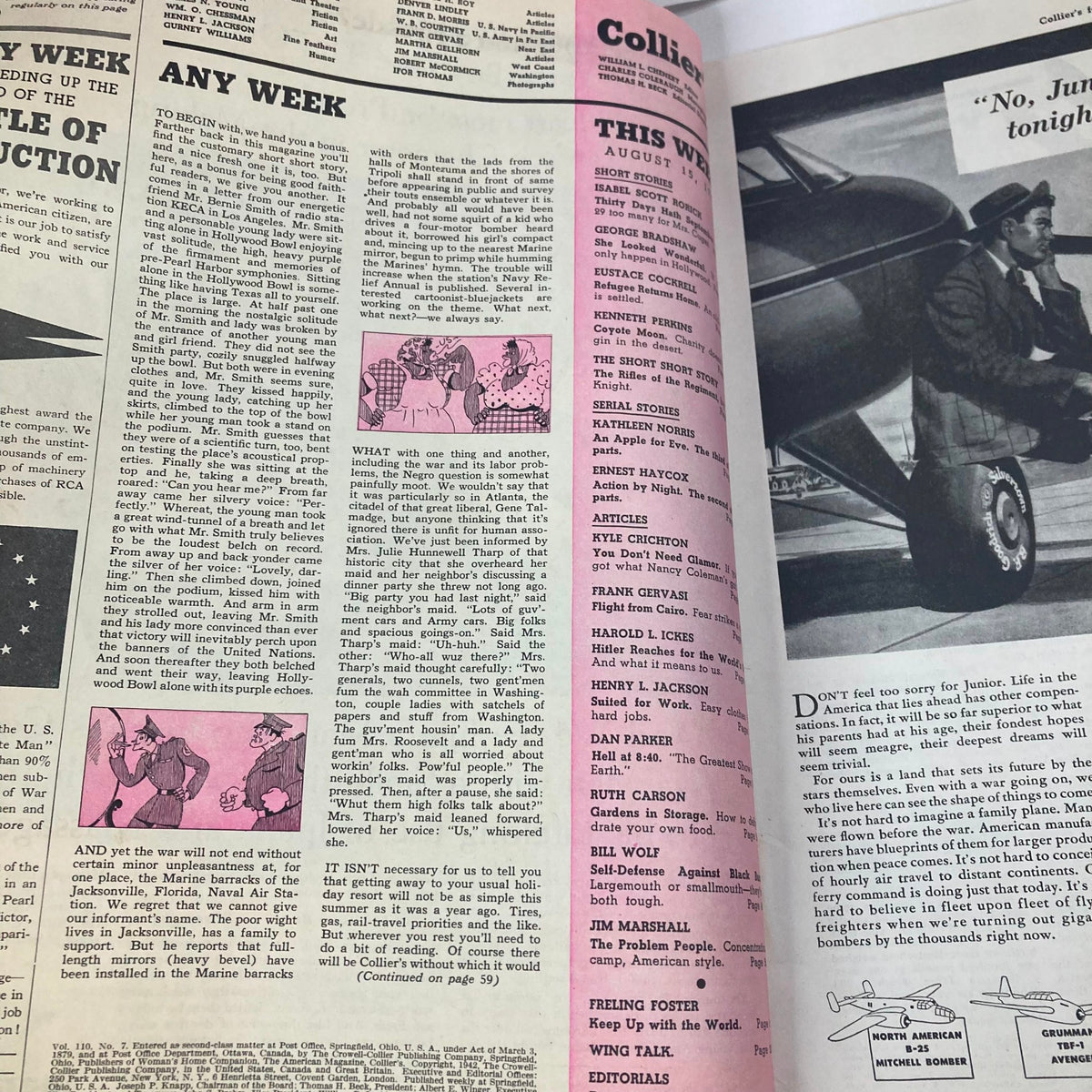 Interior page of Collier's Magazine, August 15, 1942, showcasing articles and illustrations, including a section titled 'Any Week'.