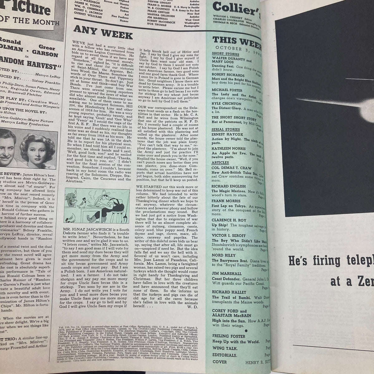 Interior page of VTG Collier's Magazine October 3, 1942, showcasing articles, including the title 'Any Week' and discussion of various topics relevant to the era.