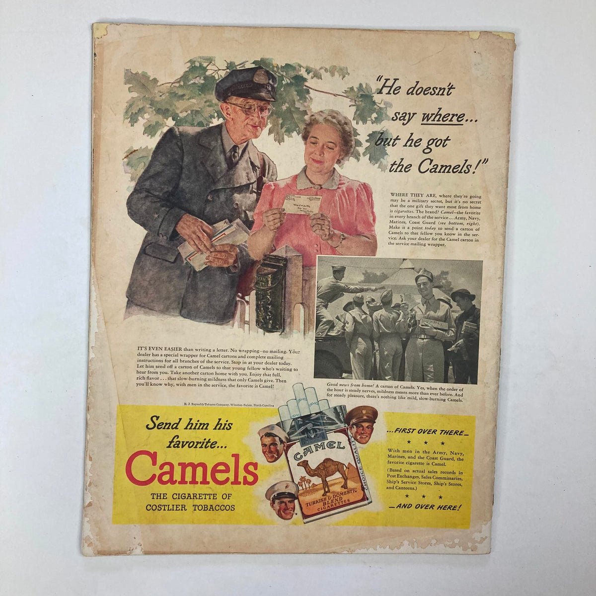 Advertisement page from VTG Collier's Magazine October 3, 1942 featuring a scene with a postal worker and woman discussing cigarette shipping, promoting Camels cigarettes.