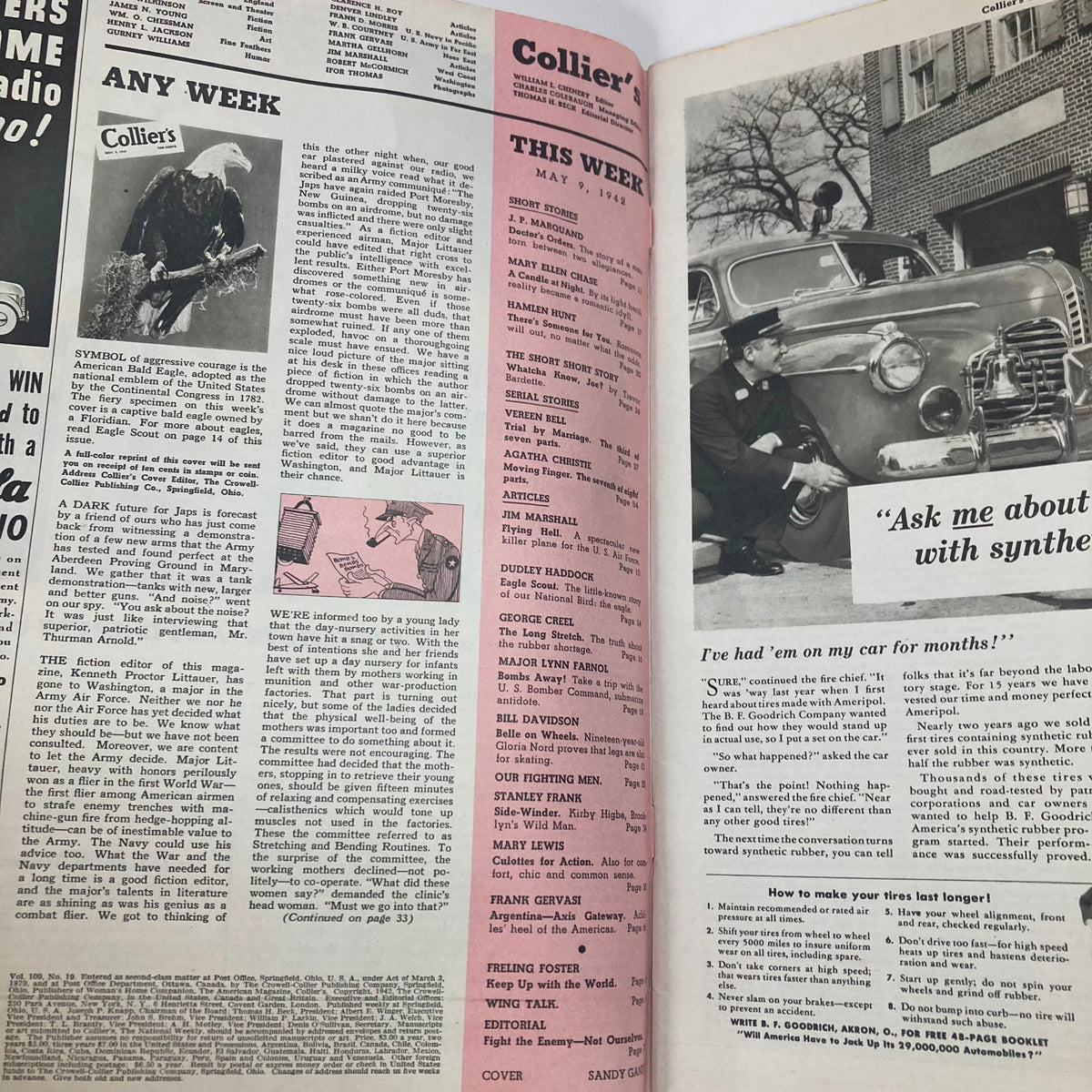 Interior pages of VTG Collier's Magazine from May 9, 1942, showcasing articles, advertisements, and a detailed description of weekly features, reflecting the historical context of World War II.