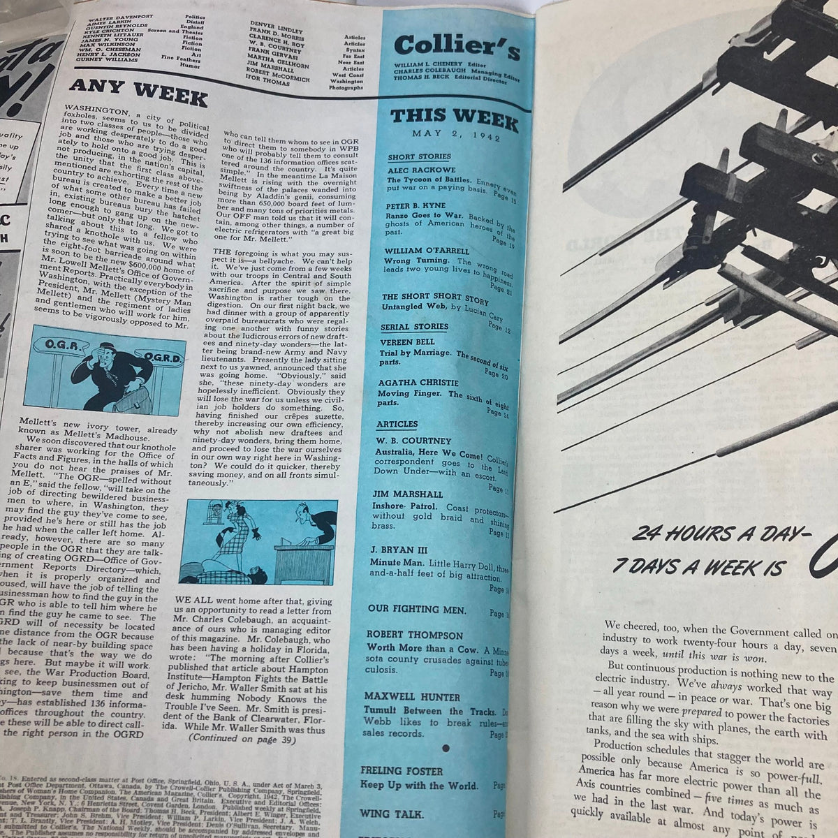 Inside page of VTG Collier's Magazine May 2 1942 displaying various articles including 'Australia Here We Come' by W.B. Courtney along with other features.