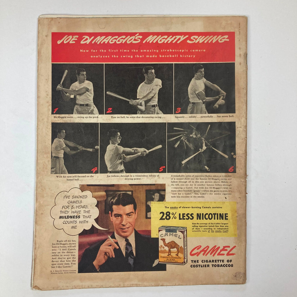 Back cover of VTG Collier's Magazine May 2 1942 highlighting a feature on Joe DiMaggio with illustrations and an advertisement for Camel cigarettes.
