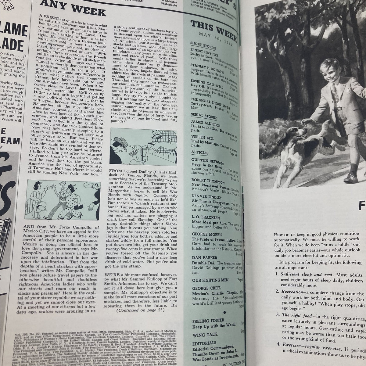Interior page of VTG Collier's Magazine from May 30, 1942, showcasing text and illustrations from the magazine's articles, including highlights of notable features and stories of that time.