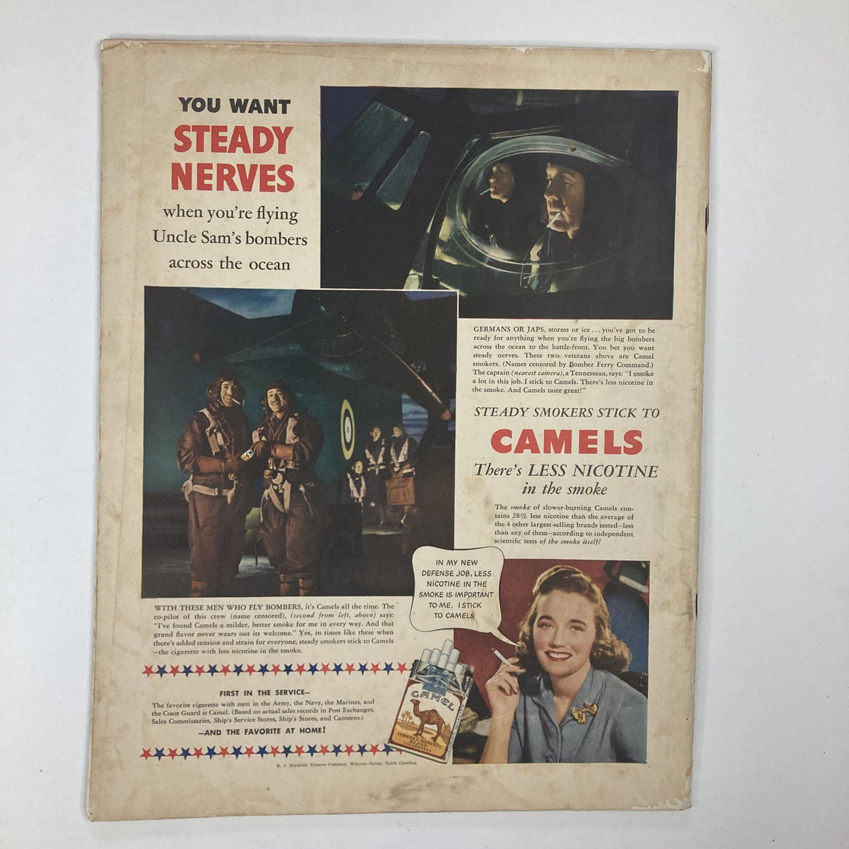 Vintage advertisement from Collier's Magazine May 30 1942, featuring World War II pilots, a Camel cigarette ad promoting steady nerves for bomber pilots, and historical images reflecting the era's cultural context.