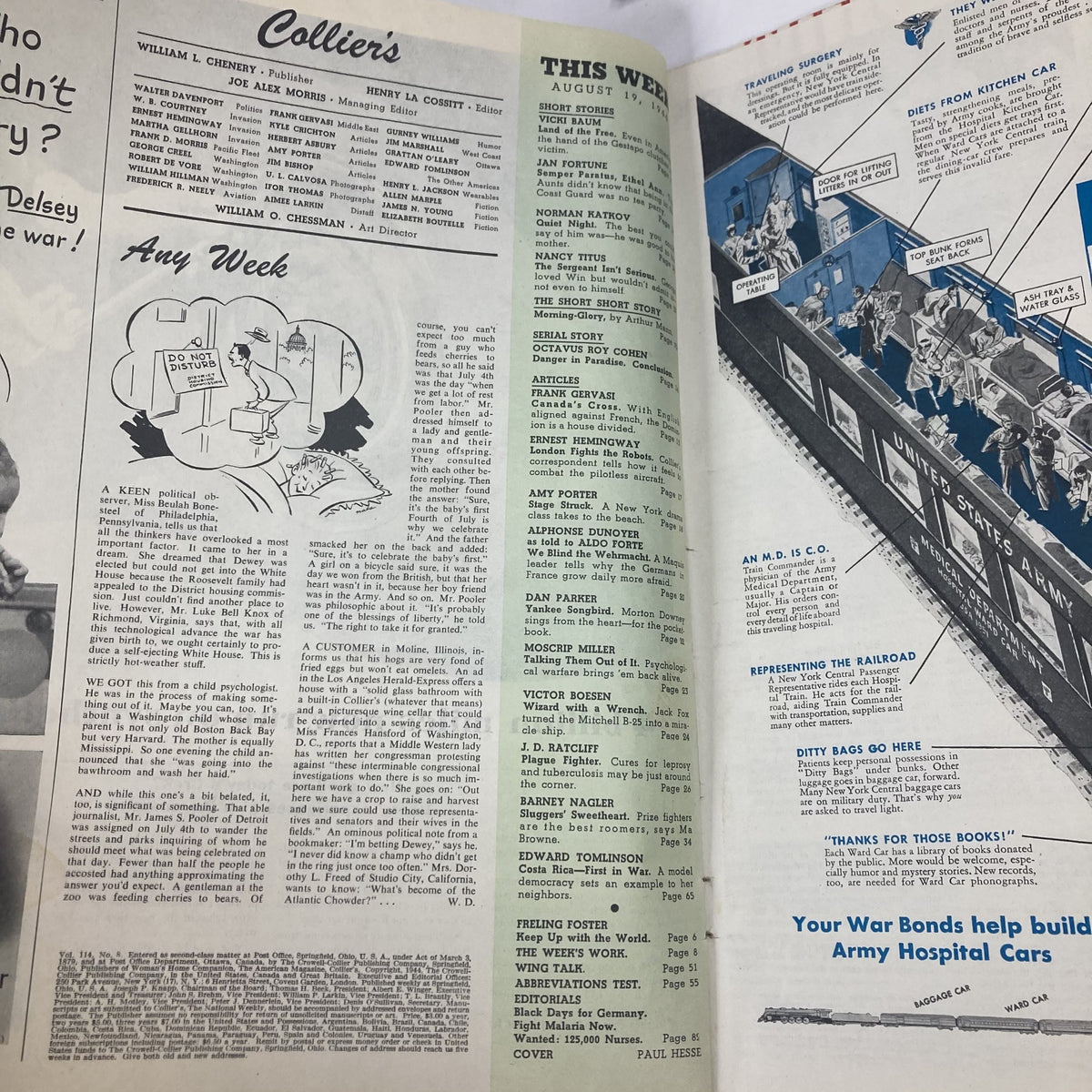 Interior pages of Collier's Magazine, August 19, 1944, displaying articles and illustrations related to wartime topics, highlighting the issue's contents and historical context.