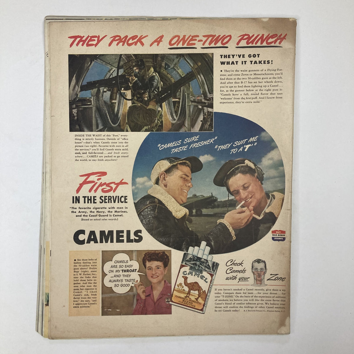 Vintage advertisement from VTG Collier's Magazine March 4, 1944 Vol 113 No. 10 showcasing Camel cigarettes with images of service members and promotional text.
