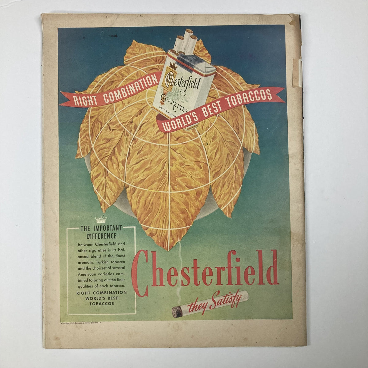 Advertisement page from VTG Collier's Magazine August 11 1945 for Chesterfield cigarettes, featuring vibrant graphics of tobacco leaves and branding, part of Volume 116 No. 6.