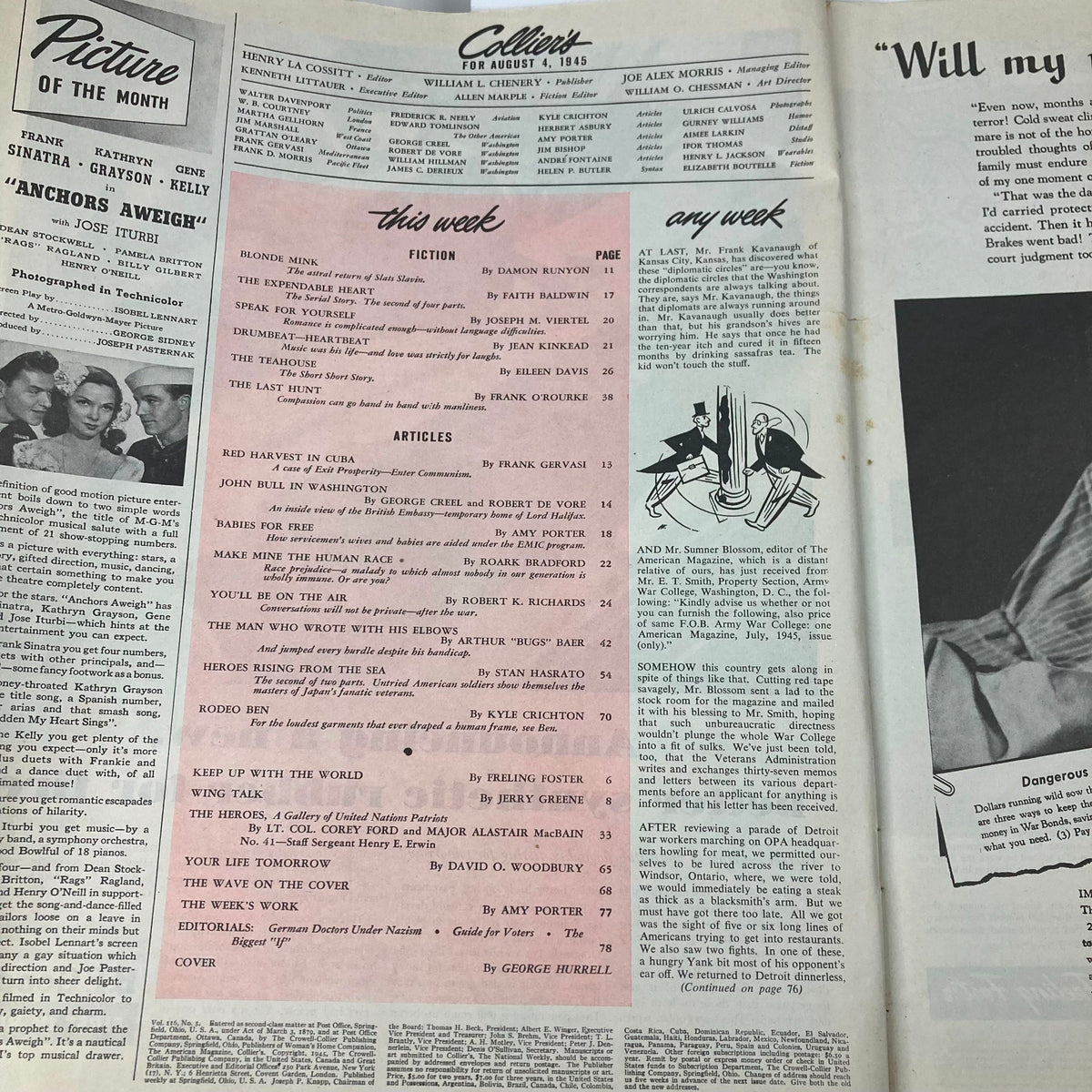Table of contents page from VTG Collier's Magazine August 4, 1945, highlighting the 'Blonde Mink' story by Damon Runyon and various featured articles.