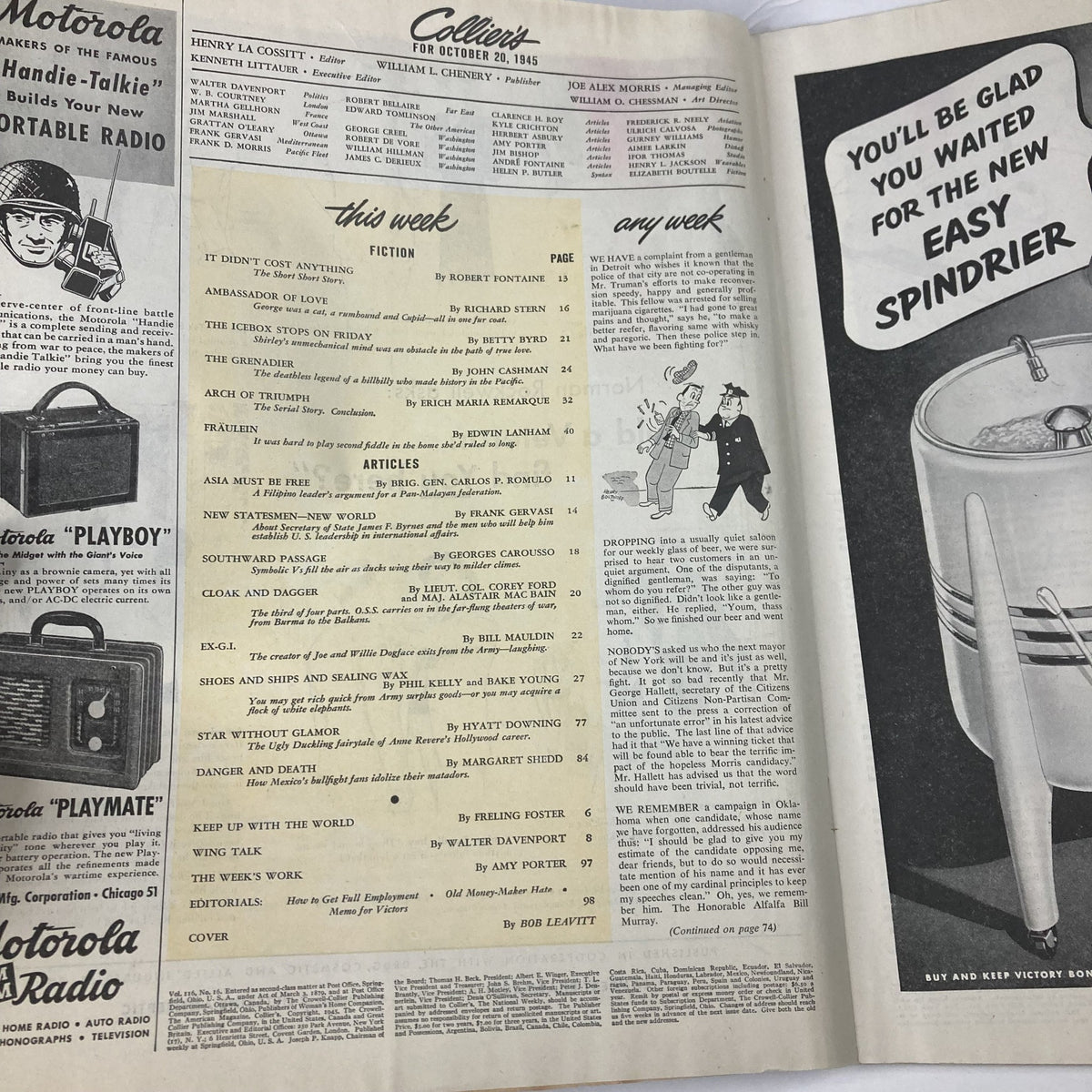 Inside view of VTG Collier's Magazine October 20 1945, showcasing the table of contents with featured articles including 'Asia Must Be Free' by Brigadier General Carlos P. Romulo, reflecting post-World War II themes.