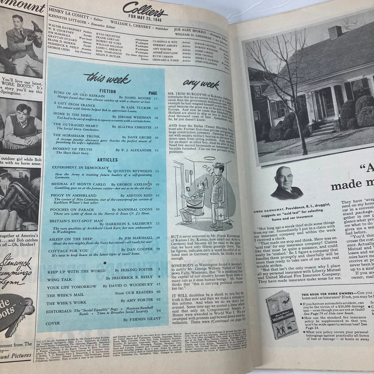 Inside page of VTG Collier's Magazine May 25, 1946 detailing articles including 'Experiment in Democracy' and additional content listing.