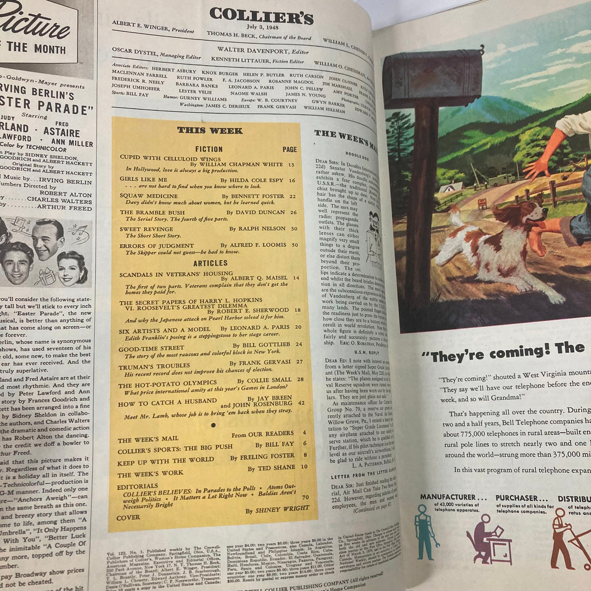 Inside page layout of VTG Collier's Magazine July 3 1948, displaying articles and stories including 'Sweet Revenge' and various advertisements.