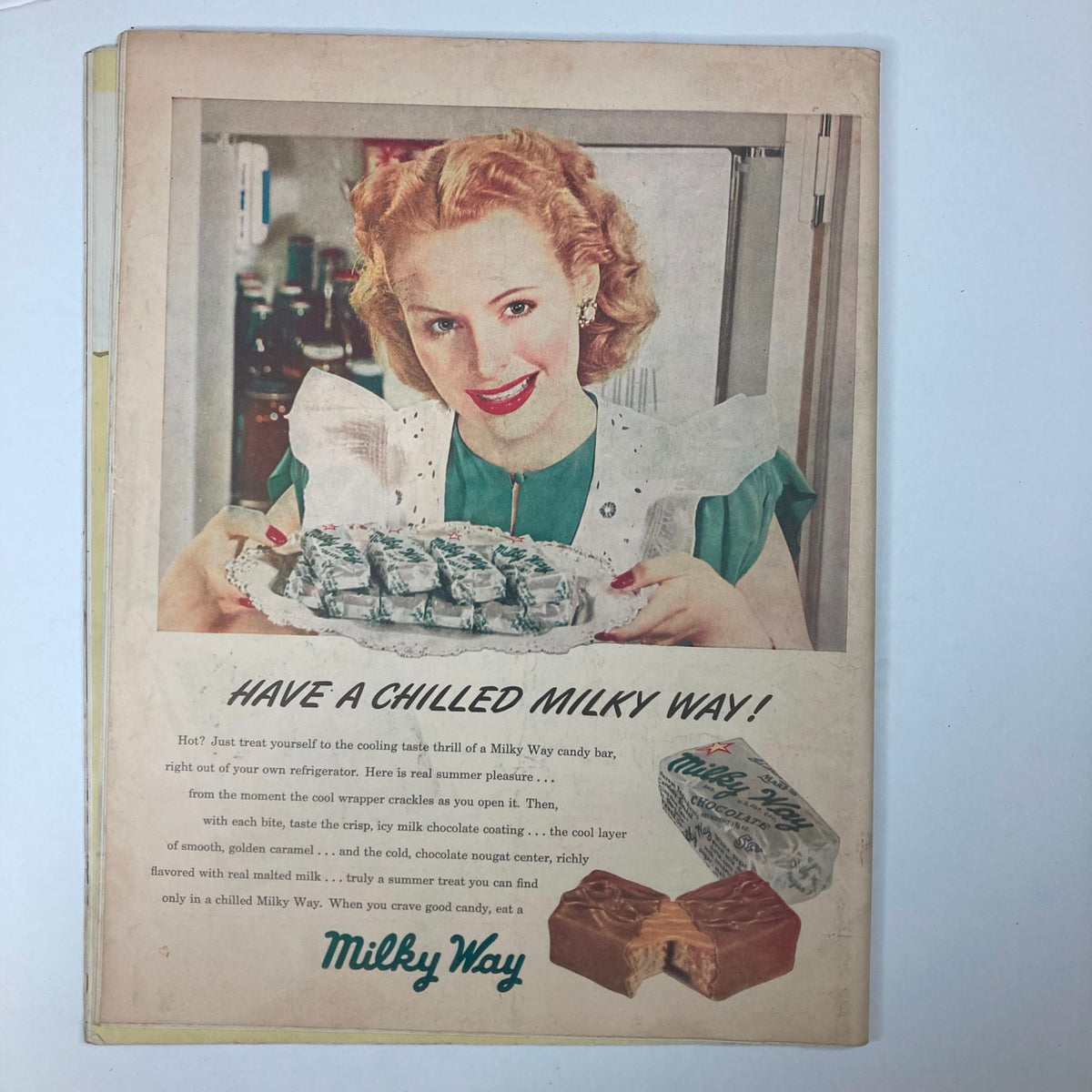 Back cover advertisement of VTG Collier's Magazine July 3 1948, showcasing a woman presenting a tray of Milky Way candy bars.