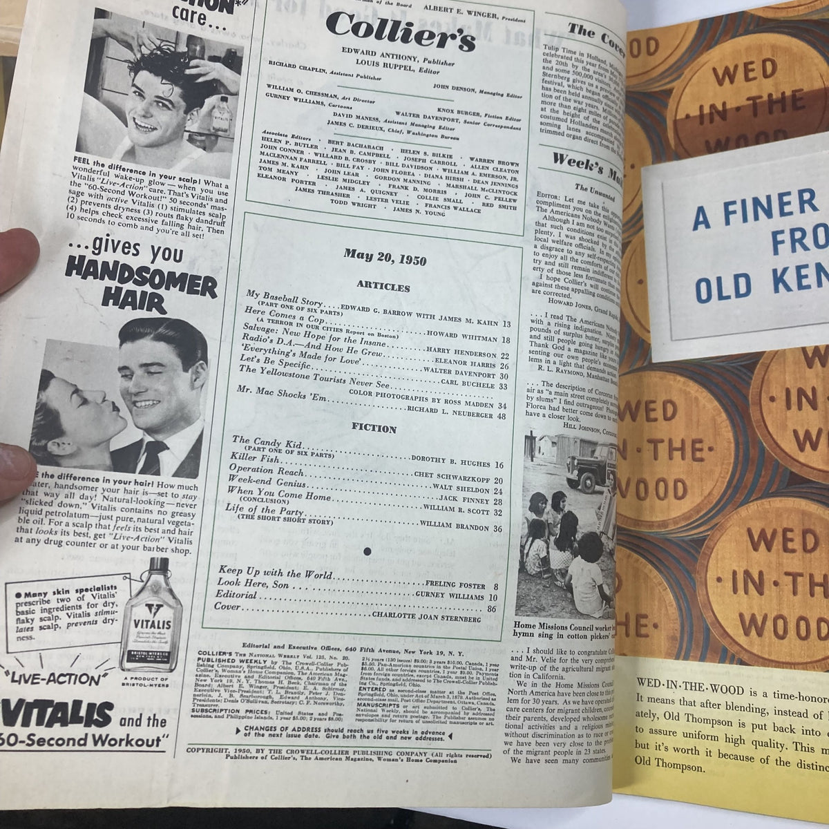 Inside view of VTG Collier's Magazine May 20, 1950, Volume 125, No. 20, featuring the article 'My Baseball Story' and vintage advertisements, capturing the essence of mid-20th century America.