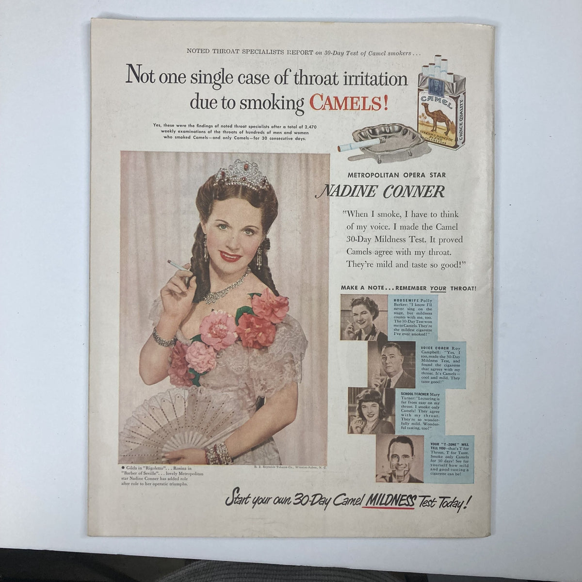 Vintage advertisement from VTG Collier's Magazine May 20, 1950, showcasing Nadine Conner endorsing Camel cigarettes, highlighting the fashion and advertising style of the 1950s.