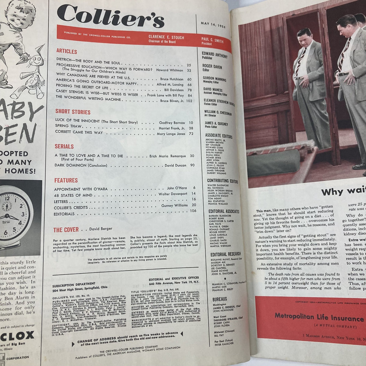 Inside page of VTG Collier's Magazine May 14 1954 Vol 133 No. 10, displaying the table of contents and featured articles including 'Dietrich: The Body and The Soul'.