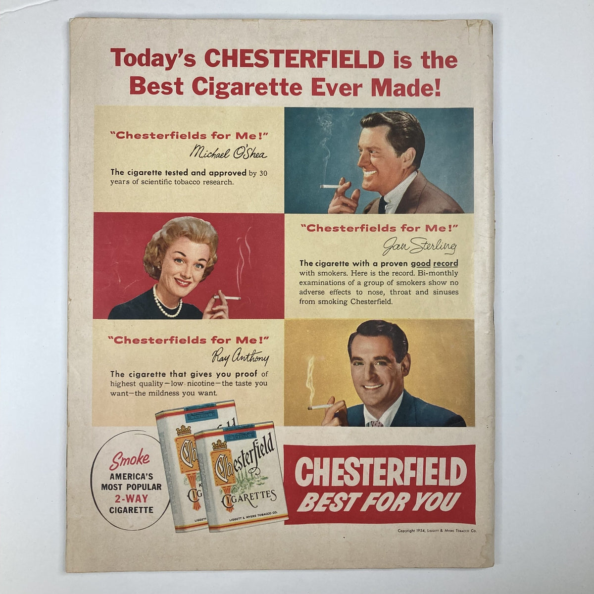 Back cover of VTG Collier's Magazine May 14 1954 Vol 133 No. 10, featuring an advertisement for Chesterfield cigarettes with celebrity endorsements.