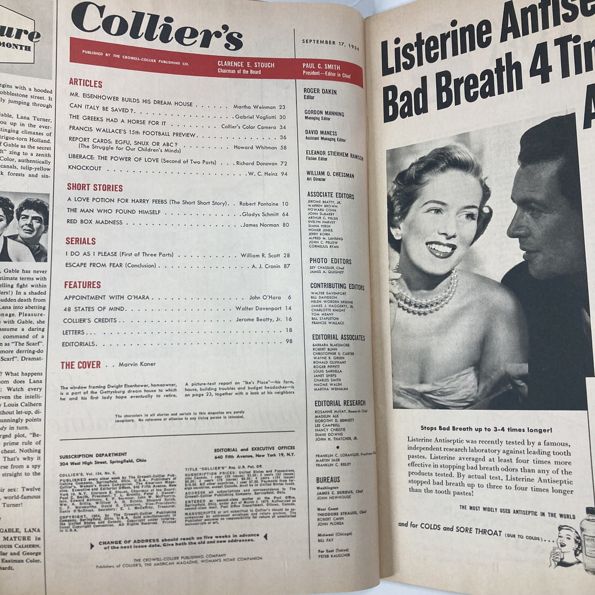 Inside page of VTG Collier's Magazine September 17 1954, showcasing articles including one about President Eisenhower's dream house.