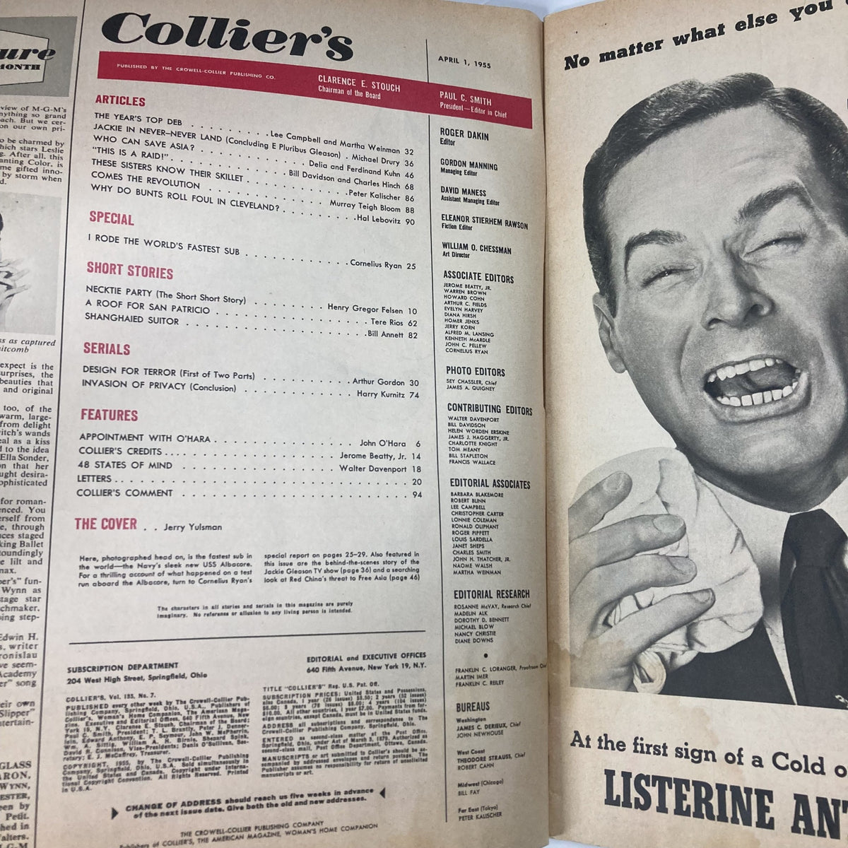 Interior page of Vintage Collier's Magazine April 1, 1955 showcasing table of contents and editorial details.