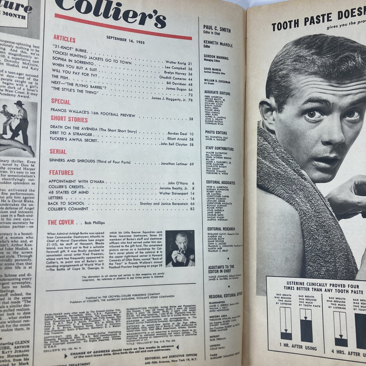 Inside page of VTG Collier's Magazine dated September 16, 1955, showcasing the table of contents including articles and a feature on '31-Knot Burke'.