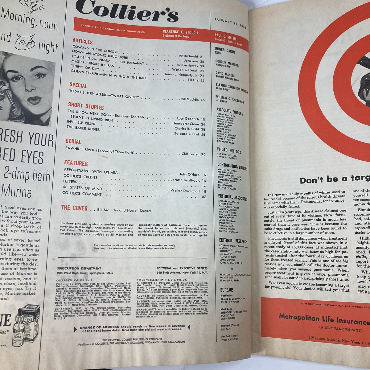 Inside pages of VTG Collier's Magazine January 21 1955, displaying articles and features including 'Coward in the Congo' by Art Buchwald and 'Today's Teen-Agers... What Gives?' by Bill Mauldin.