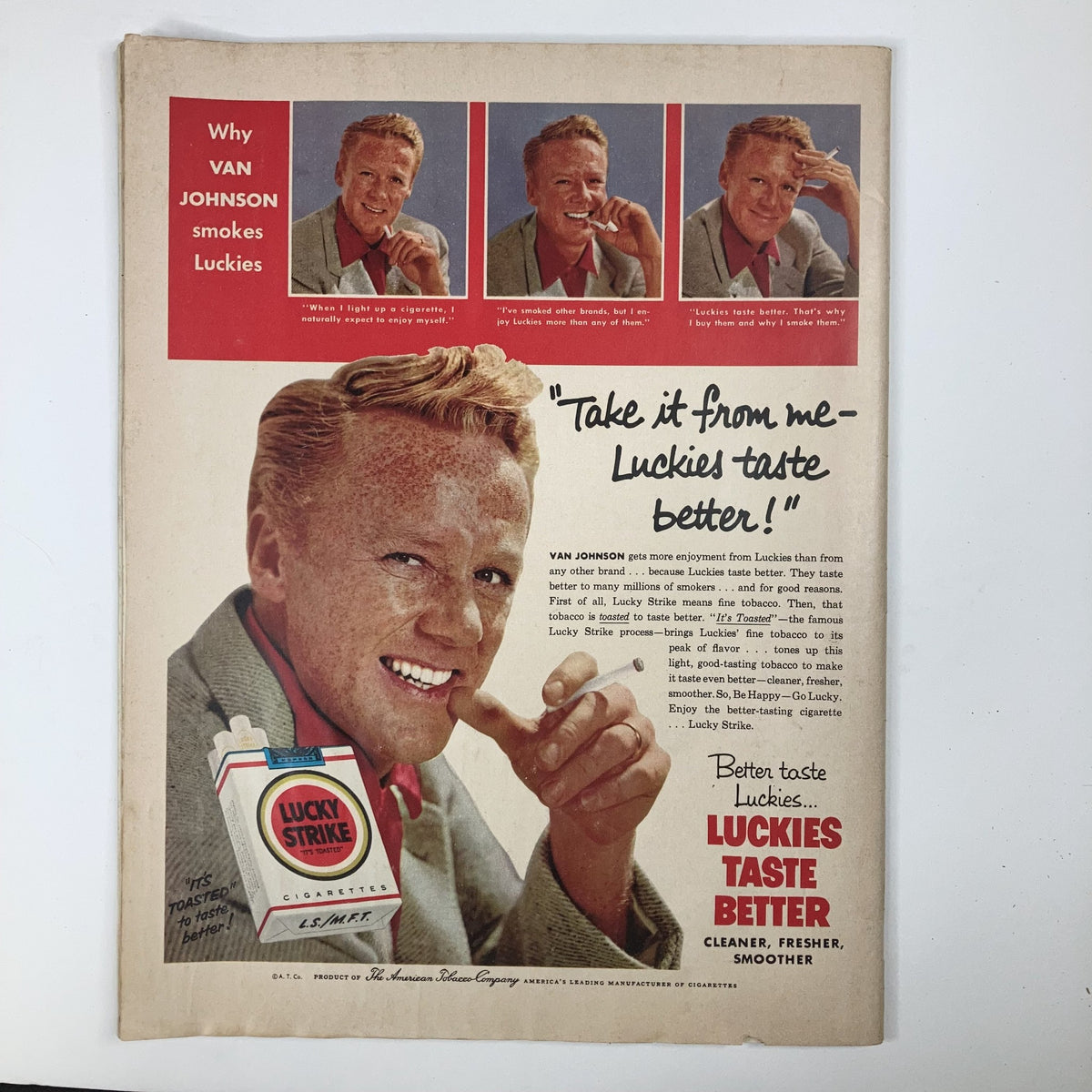 Vintage advertisement page from VTG Collier's Magazine February 4 1955 showcasing Van Johnson promoting Lucky Strike cigarettes.