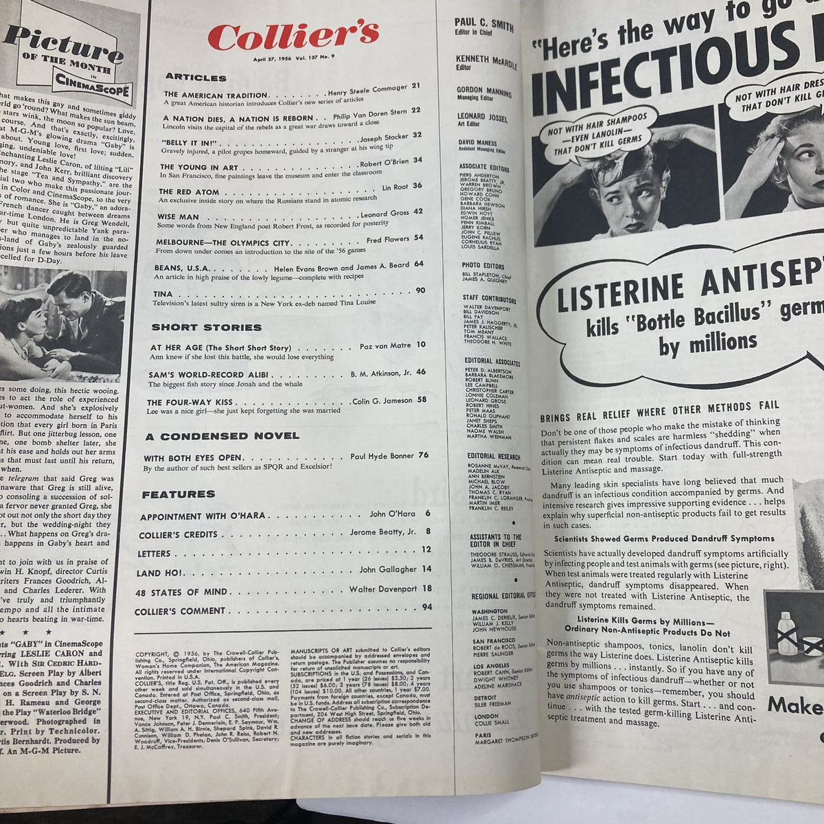 Interior page of the VTG Collier's Magazine, April 27, 1956, Volume 137, No. 9, depicting articles and features, including a focus on Abraham Lincoln.