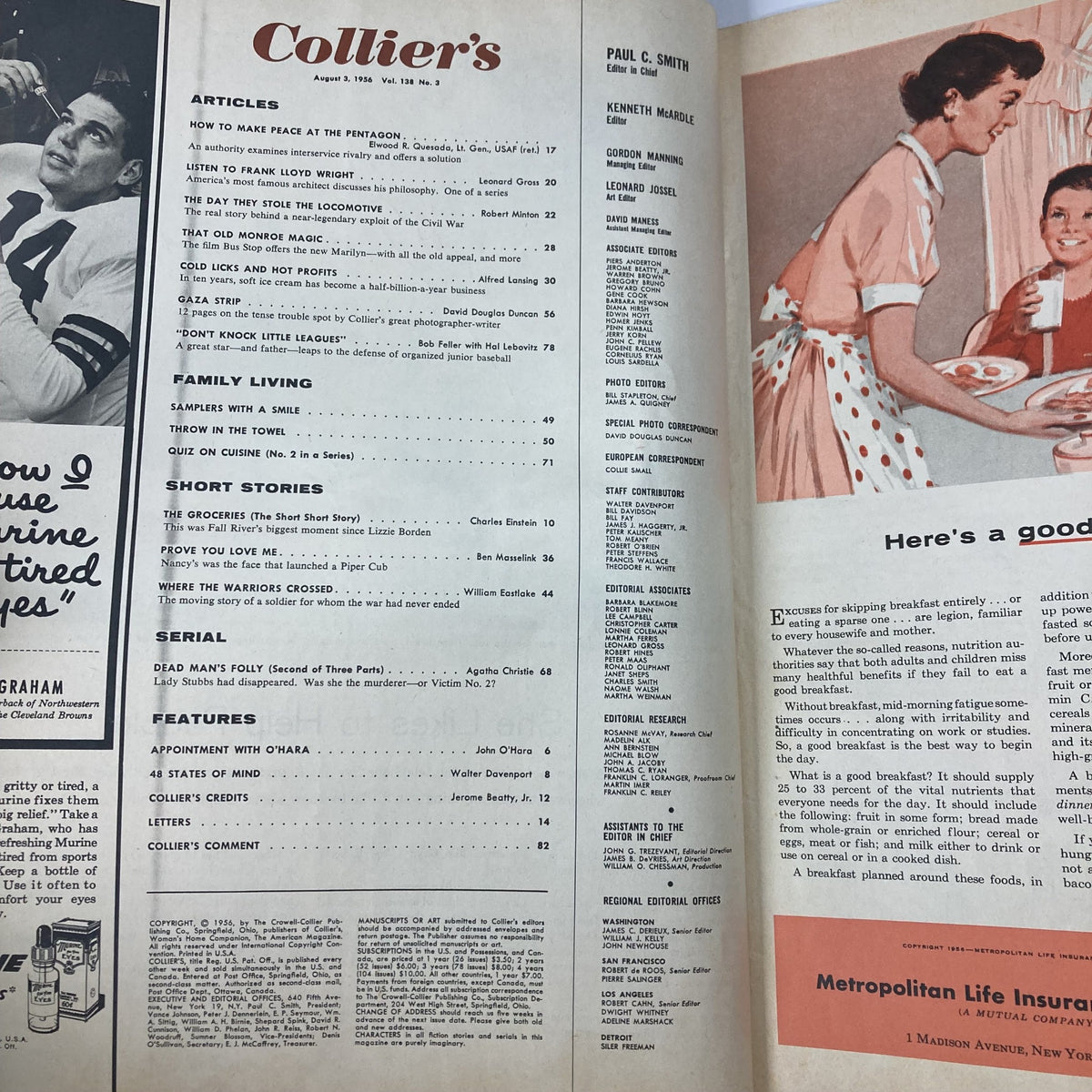 Interior page of Collier's Magazine August 3, 1956, Vol 138 No. 3 showcasing articles and featured content including references to Marilyn Monroe and various short stories.