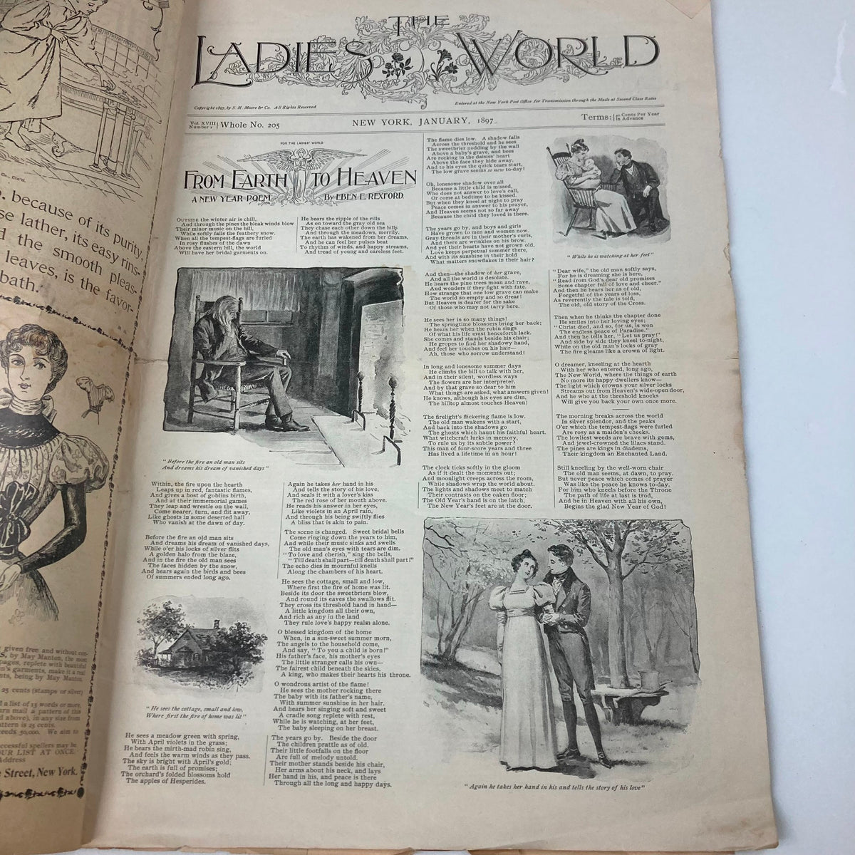 Cover page of VTG The Ladies World Magazine January 1897 titled 'From Earth to Heaven', featuring Victorian illustrations and articles that reflect cultural narratives and women's roles in the late 19th century.