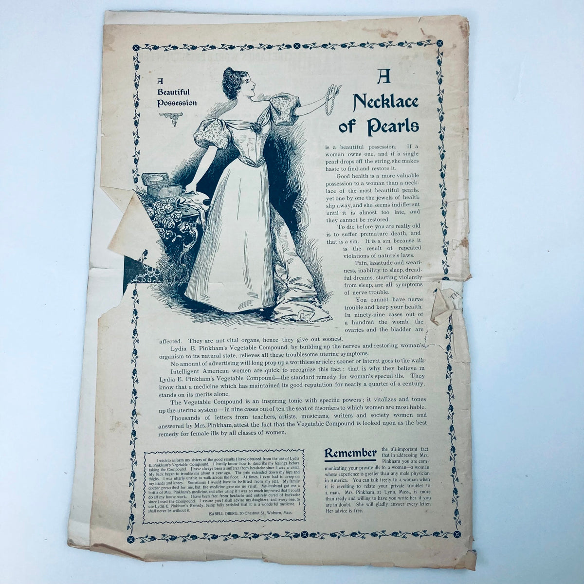 A page from VTG The Ladies World Magazine January 1897 titled 'A Necklace of Pearls.' The illustration features a Victorian woman in a dress, reflecting late 19th century design and typography, accompanied by text discussing the significance of pearls in women's fashion.