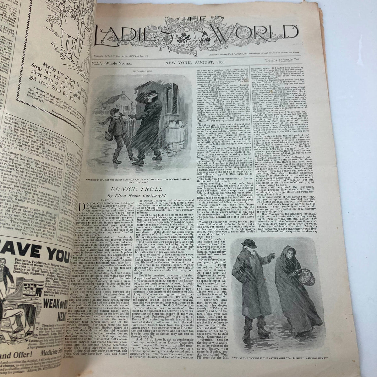 Interior page of VTG The Ladies World Magazine, August 1898, showcasing an article titled 'Eunice Trull' with vintage illustrations and period advertisements.