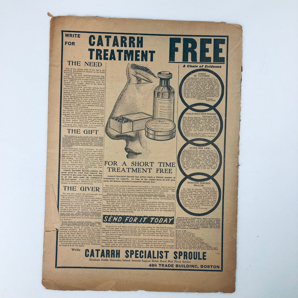 Vintage advertisement from The American Woman Magazine, June 1915, Vol 25 No. 1 titled 'God's Kiss', showcasing an advertisement for Catarrh Treatment, featuring a woman's profile, medical products, and promotional text.