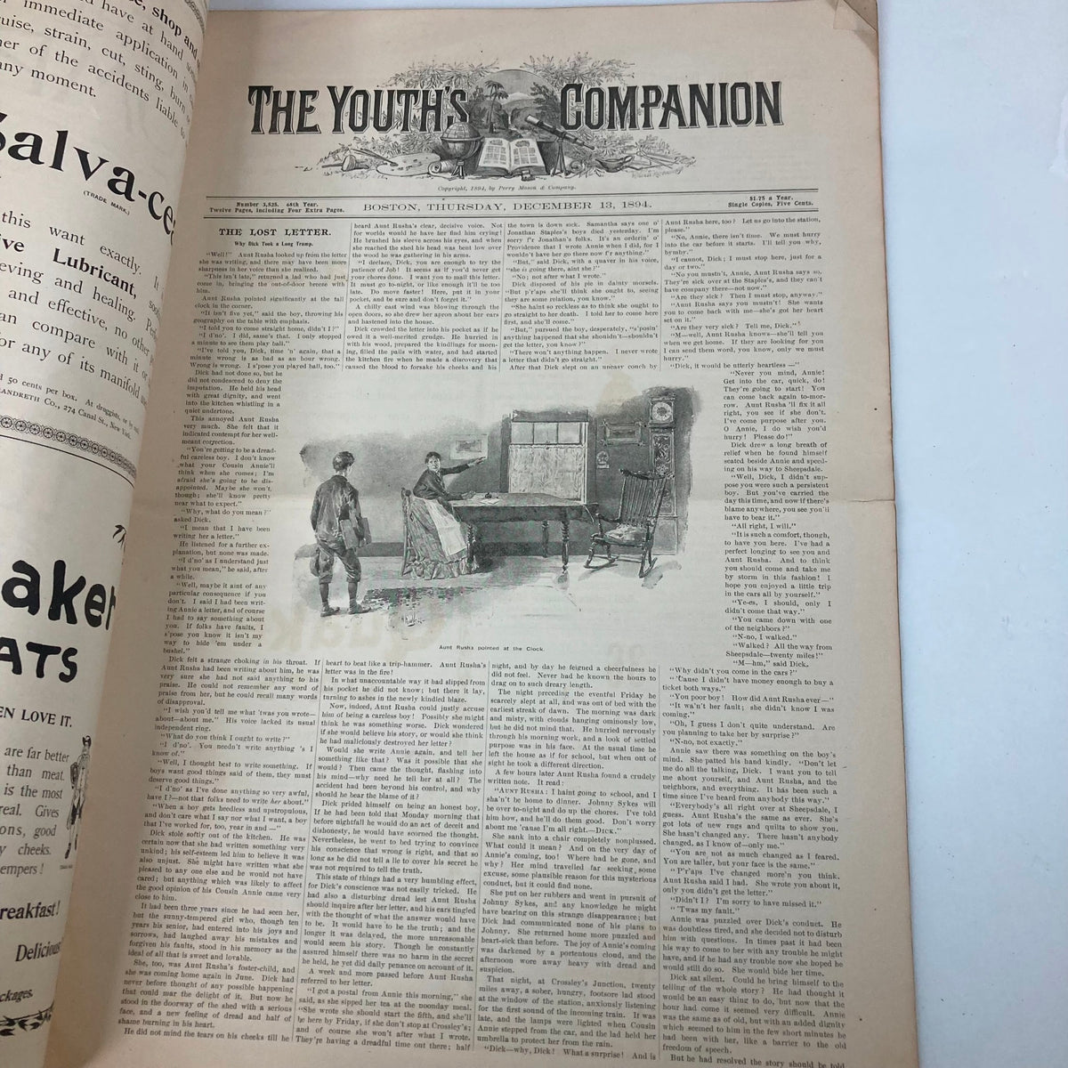 Interior page of The Youth's Companion Magazine December 13, 1894 displaying the article 'The Lost Letter' with accompanying illustration, showcasing 19th-century typography.