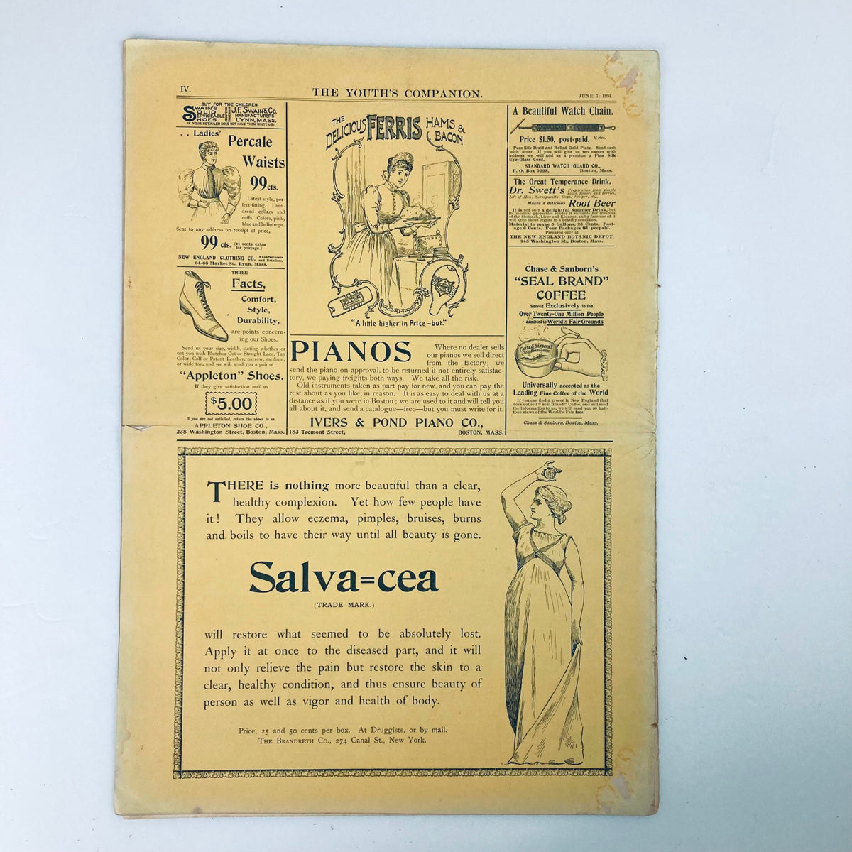 Back cover of VTG The Youth's Companion Magazine from June 7, 1894, displaying advertisements for Ferris Hams, pianos, and personal care products.