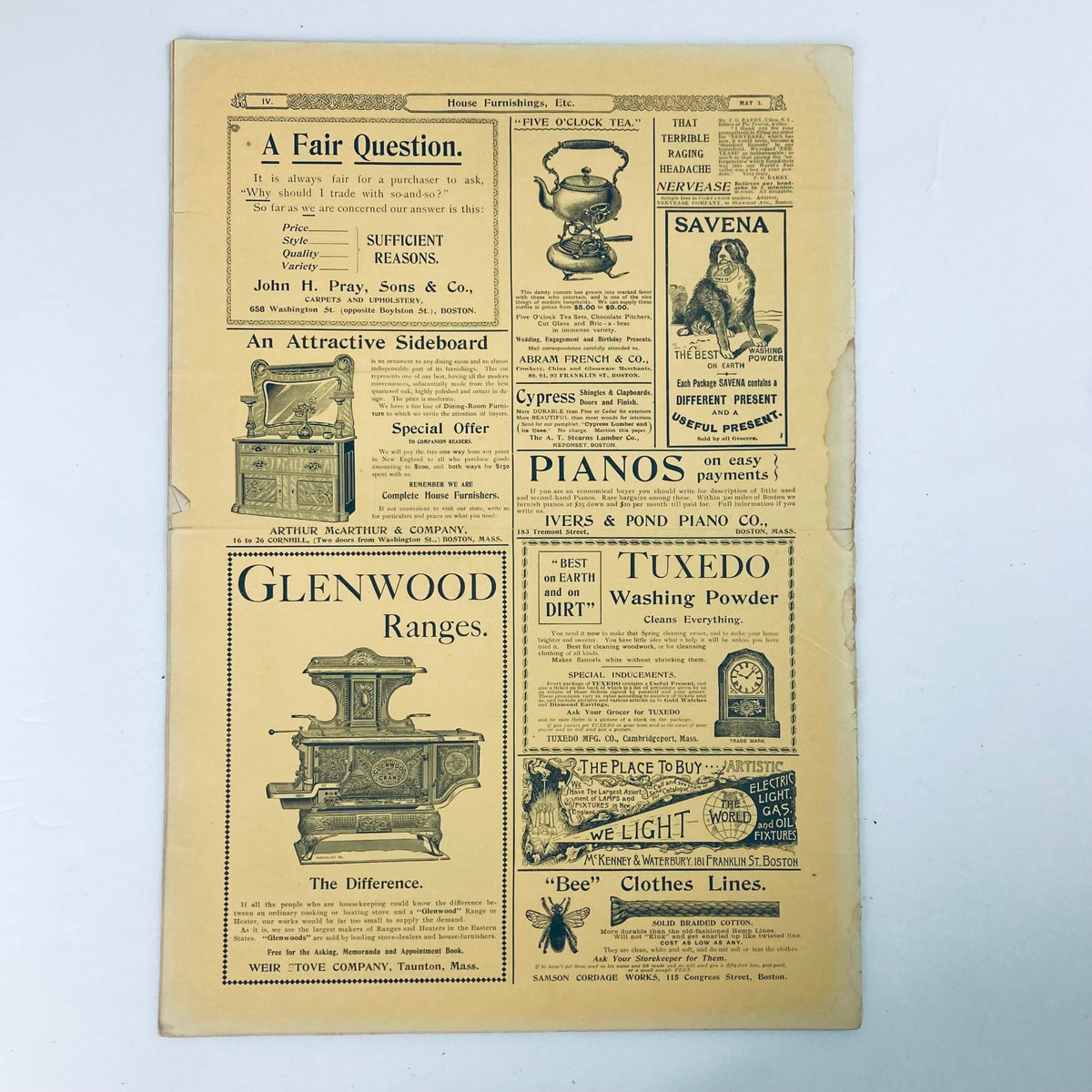 Vintage advertisement pages from The Youth's Companion Magazine dated May 3, 1894, featuring products like Glenwood Ranges and Tuxedo Washing Powder. This historical document captures 19th-century marketing and cultural context, highlighting the artistic styles and commercial products of the era.