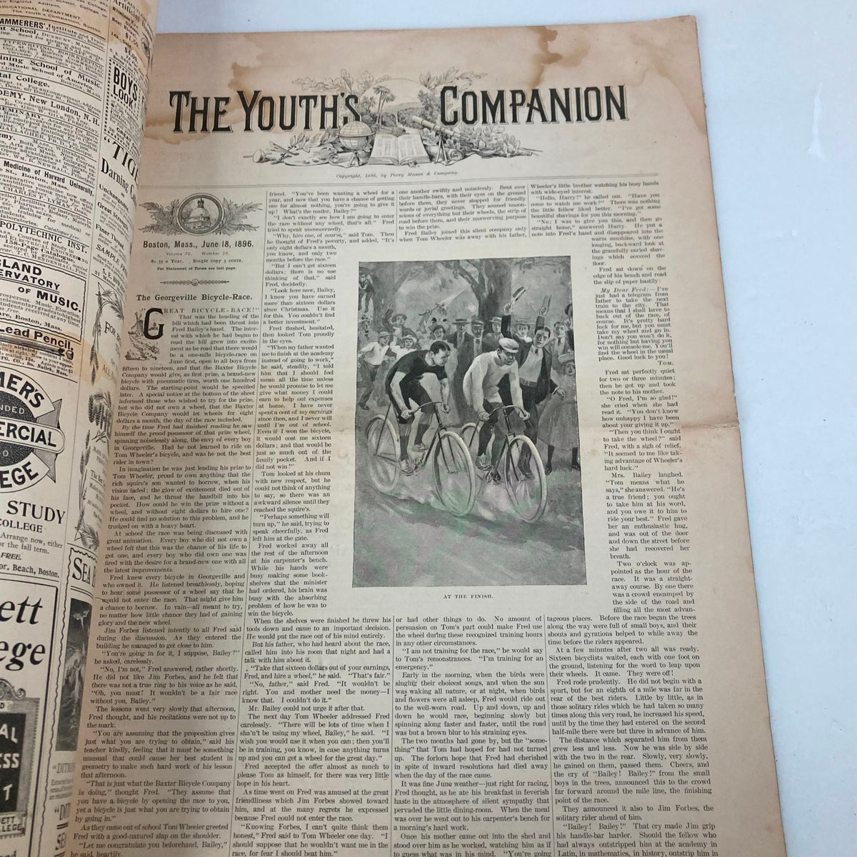 Interior page of VTG The Youth's Companion Magazine, June 18, 1896, displaying an article about the Georgeville Bike-Race with illustrations of cyclists.