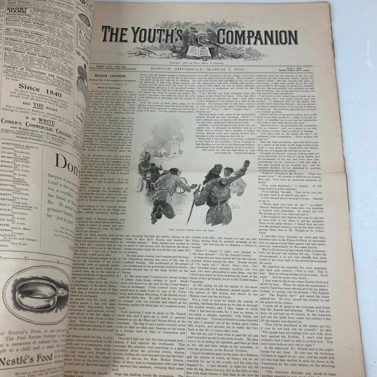 Interior page of The Youth's Companion Magazine, March 7, 1895, featuring articles and illustrations relevant to the late 19th century, highlighting themes of youth culture and societal norms.