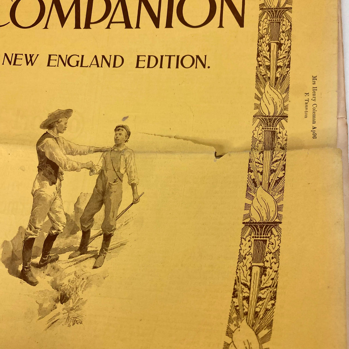 Close-up of cover illustration from VTG The Youth's Companion Magazine June 11 1896 Honor Bright, depicting two men, emphasizing the vintage design and details.