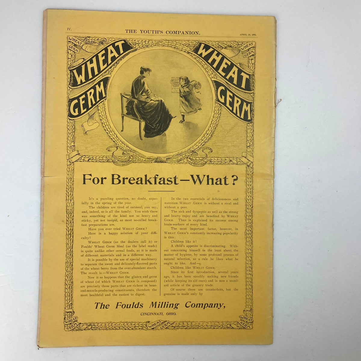 Inside page of VTG The Youth's Companion Magazine April 18, 1895 featuring an advertisement for Wheat Germ, emphasizing its use for breakfast.