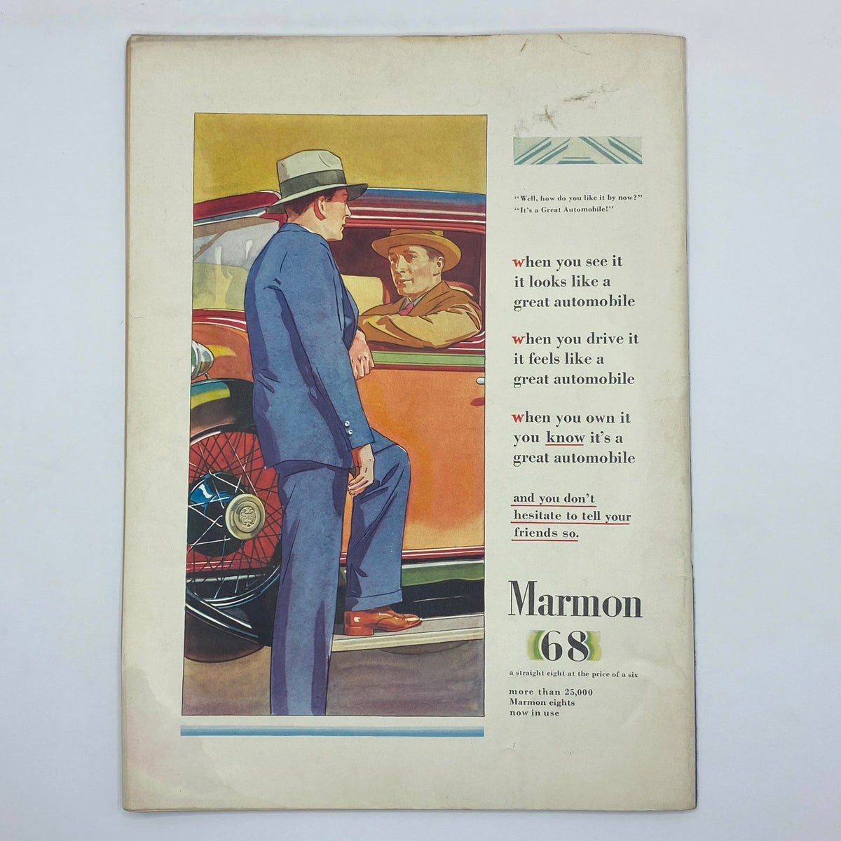 The New Yorker Complete Magazine June 30, 1928 advertisement for Marmon 68 automobile with a visually striking illustration.