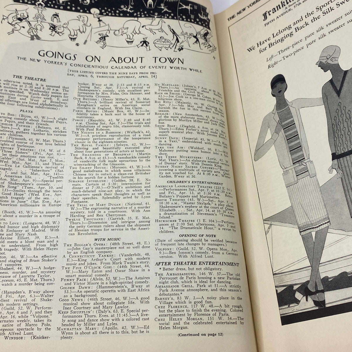 Inside pages of The New Yorker Complete Magazine April 7, 1928, showcasing the 'Goings on About Town' section highlighting events worth attending.