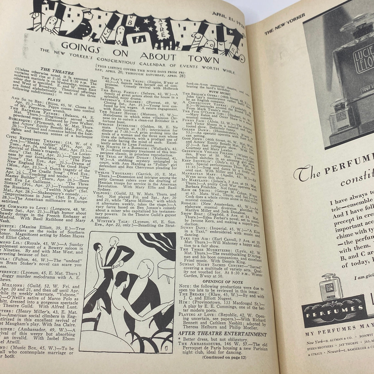 Interior page from The New Yorker magazine dated April 21, 1928, featuring the 'Goings On About Town' section, showcasing cultural events and entertainment during the era, with the distinctive artistic style reflecting the modernist influence of Ilonka Karasz.