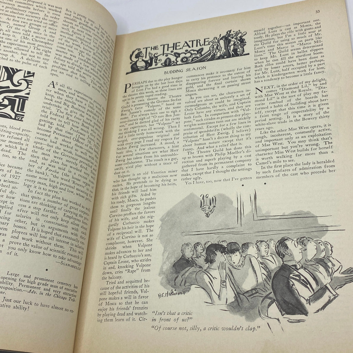 Interior page from The New Yorker Complete Magazine April 21, 1928 featuring an illustration about theatre and commentary on drama, reflecting the artistic and literary essence of the era.