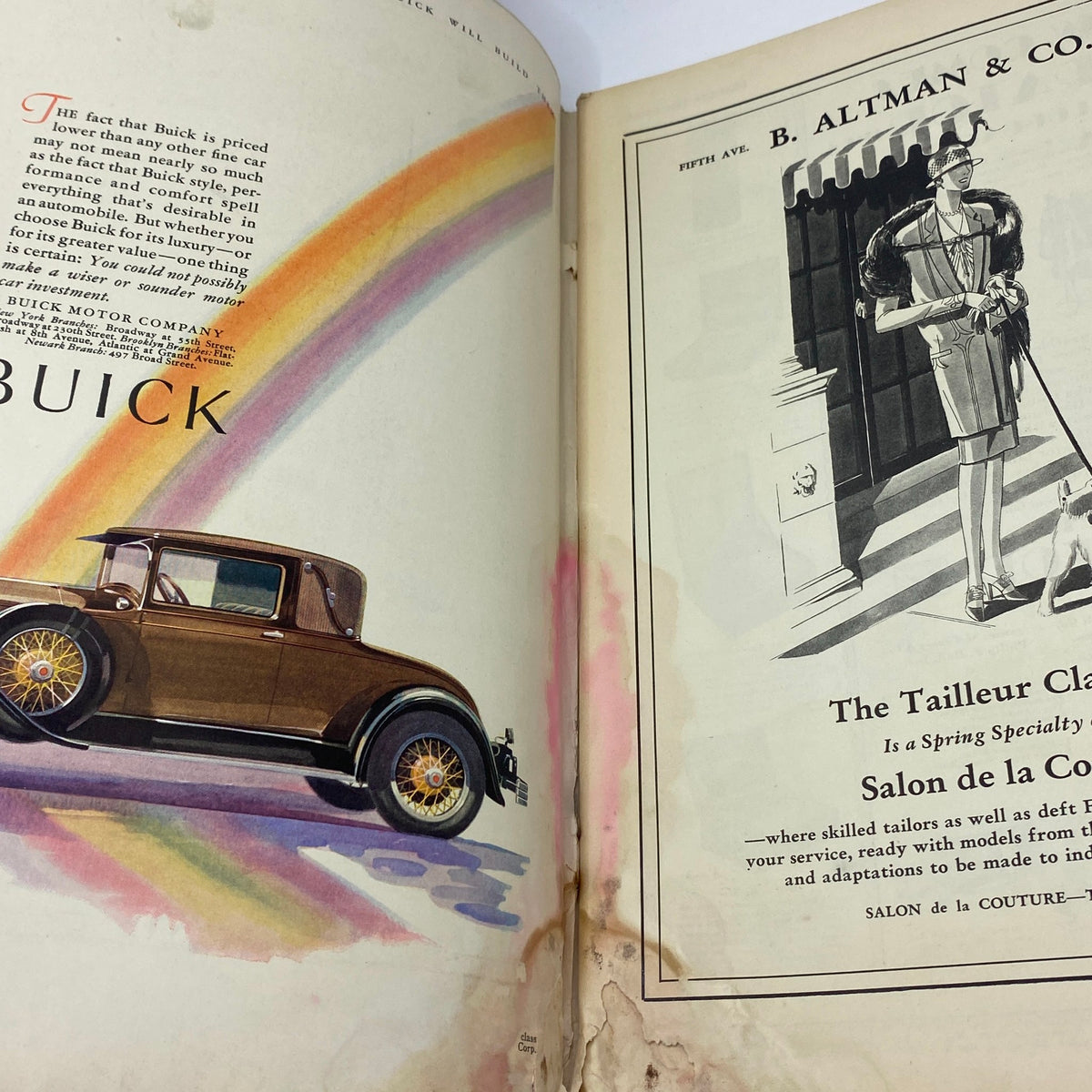 Interior page of The New Yorker magazine from March 10, 1928, displaying an advertisement for Buick, alongside artistic graphics and details about the car's features.