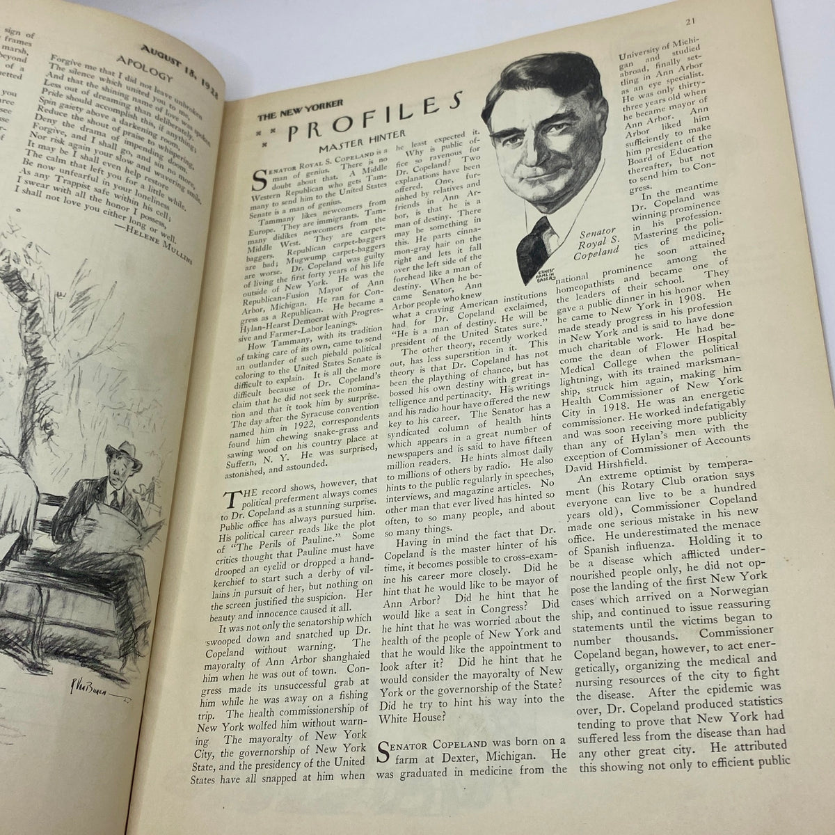 Profile article page from The New Yorker Complete Magazine August 18, 1928, showcasing a portrait and biography of a notable figure.