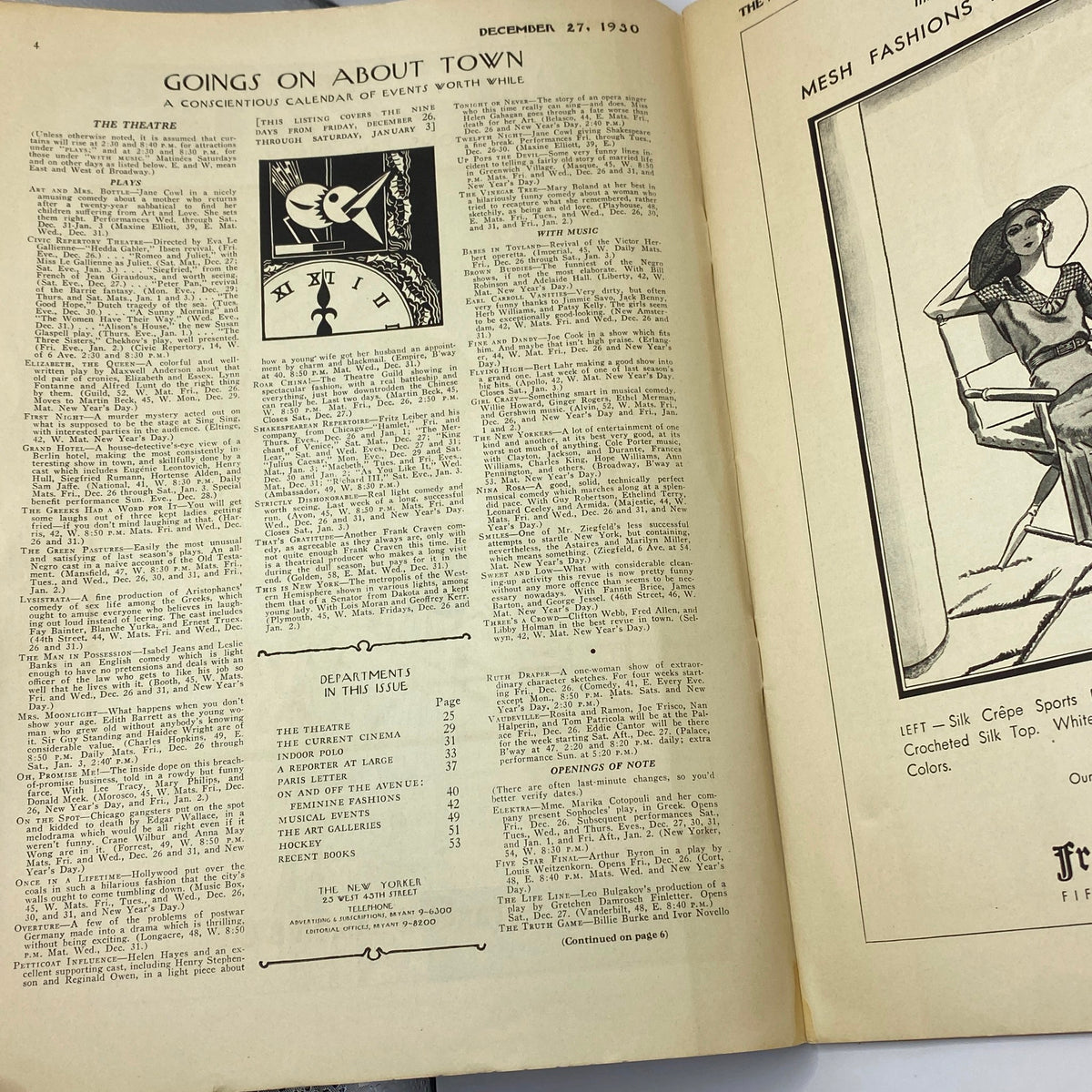 Page from The New Yorker Complete Magazine December 27, 1930 showing the 'Goings On About Town' section including a calendar of events and listings for the theatre and music in that era.