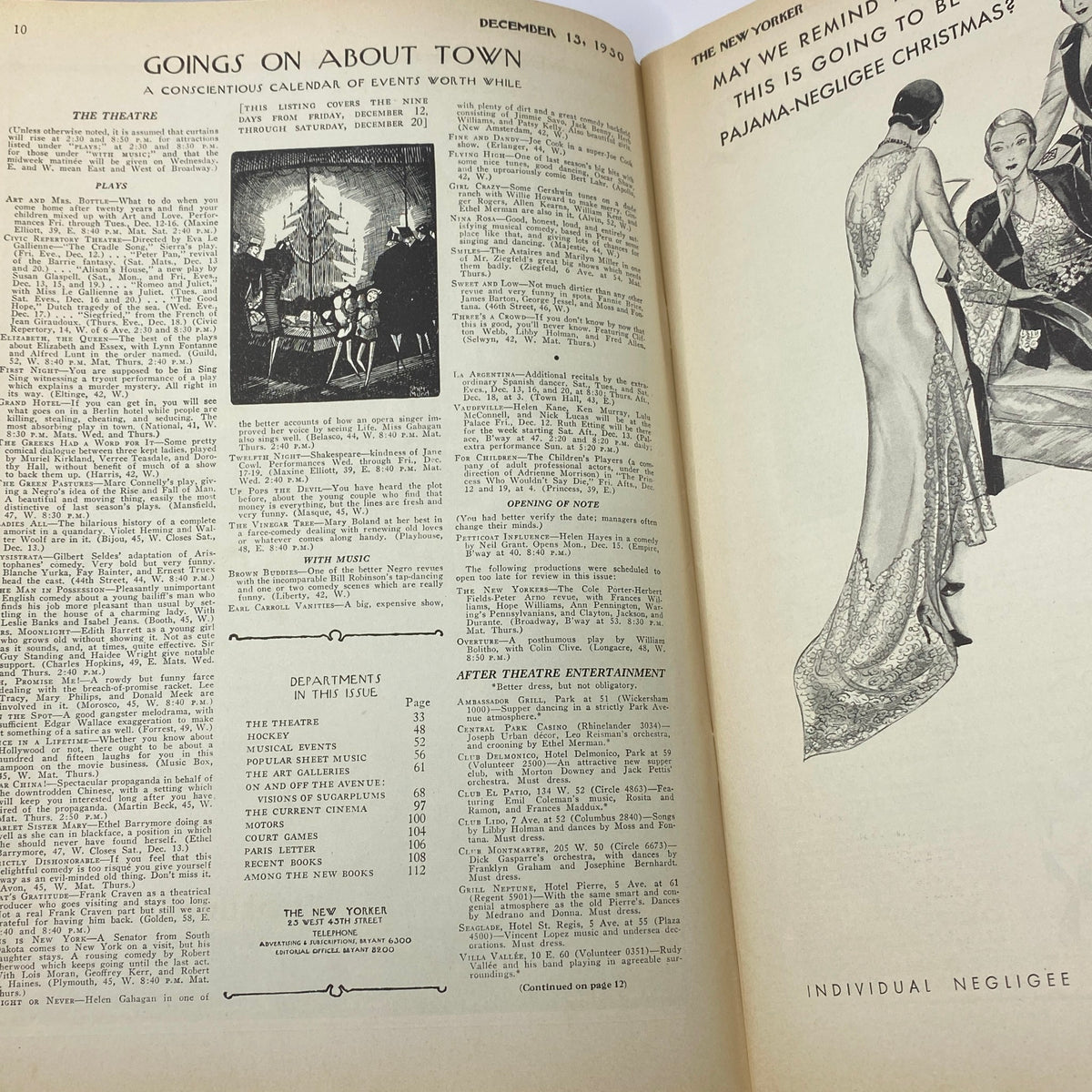 Interior page of The New Yorker Magazine from December 13, 1930, featuring a calendar of events and advertisements, showcasing period illustrations and typography.